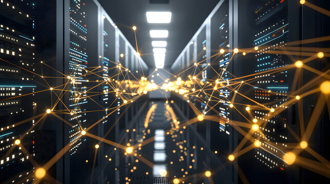 Modern data center server room with digital network connection and cloud infrastructure