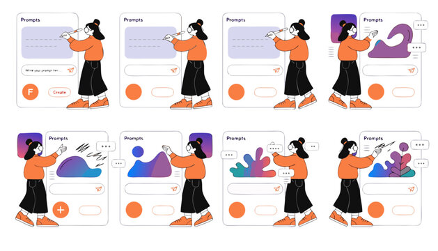AI powered creative workflow vector woman interacting with digital prompt screens