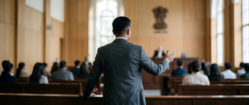 A male lawyer in a suit stands with his back to the camera, raising his hand while presenting arguments in a courtroom setting