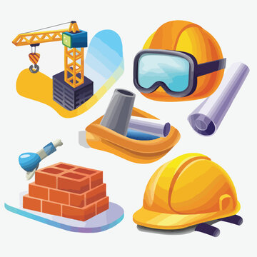 3D Cartoon Construction Icons Set with Helmet, Crane and Bricks