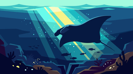 Manta ray swimming underwater ocean scene. © Abhinaya Project