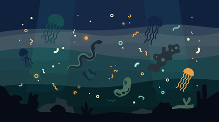 Underwater scene with jellyfish and marine life. © Abhinaya Project