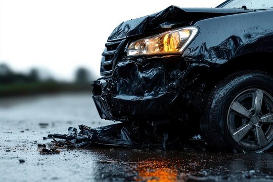 front of badly damaged black car with crumpled bumper and illuminated headlight on wet road after accident, scattered debris and reflective orange puddle, tense aftermath