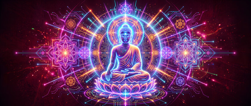 Neon-lit Buddha statue meditating in lotus position surrounded by mandala patterns and glowing geometric symmetry