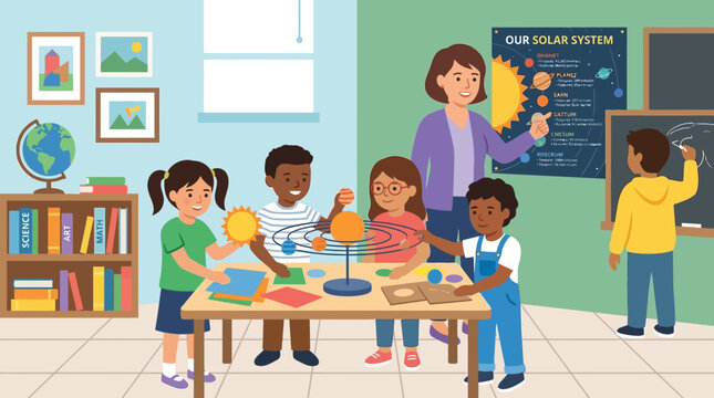 children in a classroom learning science.