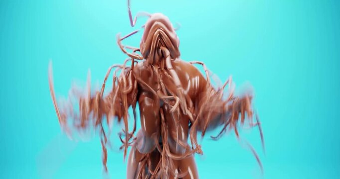 Chocolate sculpture twists, spins, and flows against a solid blue backdrop loop