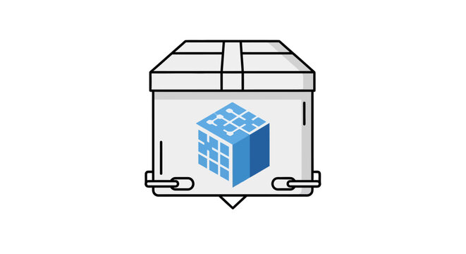 Blue cube inside a shipping container.