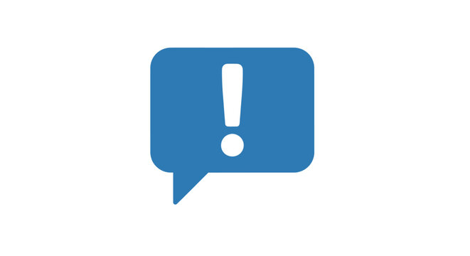 Blue exclamation mark speech bubble icon.