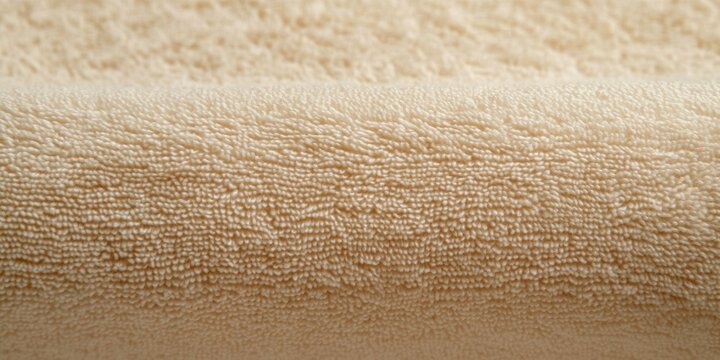 close-up of folded beige terry cloth towel showing soft plush looped texture, cozy warm and comforting fabric detail