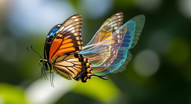 Butterfly in flight with layered wings against a blurred green background