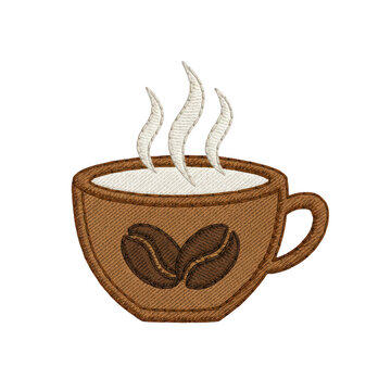 Embroidered coffee cup with steam and beans isolated on a transparent background