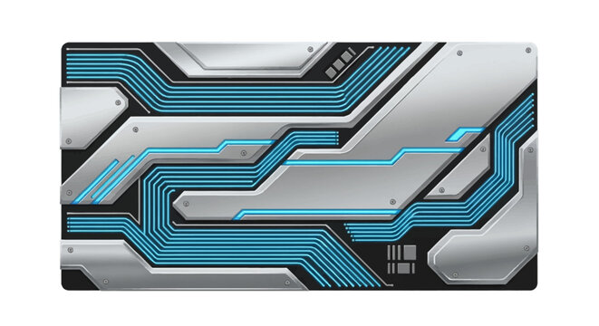 Abstract futuristic circuit board design with metallic silver and black panels and glowing blue lines.
