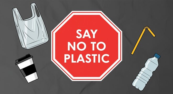 Stop plastic pollution sign with waste items environmental awareness
