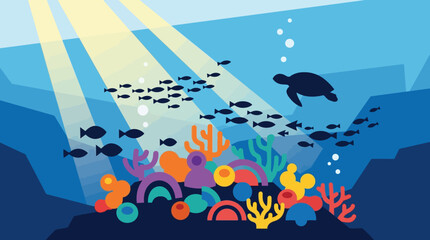 Vibrant coral reef with sea turtle and fish. © Abhinaya Project