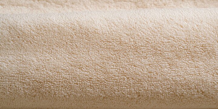Folded beige terry cloth towel close-up showing plush looped texture, soft cozy warm clean bath linen