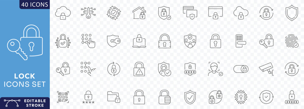 Lock icon set. Containing padlock, security, unlock, lock document, secured, biometric, chain, protect, secure, Etc. Fully Editable. Vector illustration.
