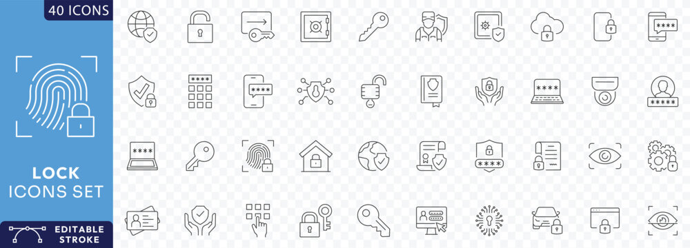 Lock icon set. Containing padlock, security, unlock, lock document, secured, biometric, chain, protect, secure, Etc. Fully Editable. Vector illustration.