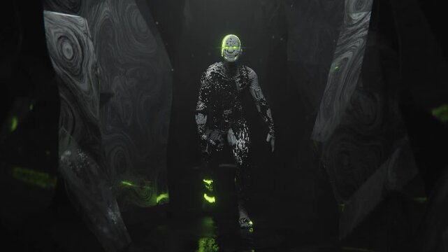 Dark cave glows with eerie green light loop