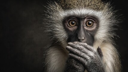 Fototapeta premium サルが両手で口を覆っている様子。動物や野生生物の表情を伝える素材