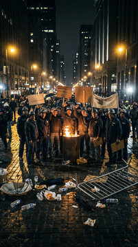 Angry workers on strike gather at night on a dimly lit cobblestone street, holding protest signs with a burning barrel fire in the foreground, surrounded by city