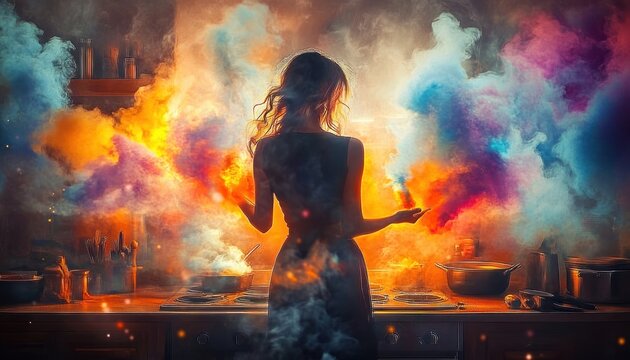 Backlit woman silhouette at a stove surrounded by swirling colorful smoke and glowing pots, a magical and wondrous moment of creative cooking