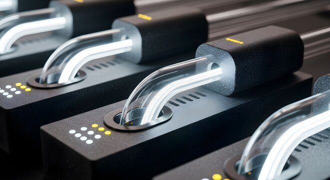 Close-up of multiple black treadmills with silver handles