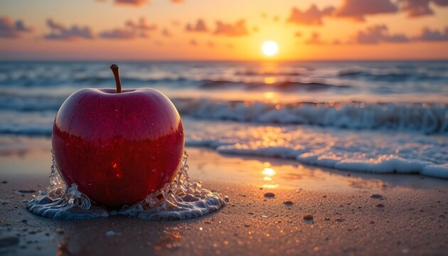   Shiny red apple at the shoreline during sunset, waves lightly splashing against its skin, glowing sunlight reflection on the apple, wet sand mirror effect, vibrant sunset colors in the sky, surreal 