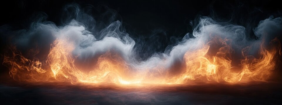 roaring orange flames and swirling white smoke over a dark reflective surface, dramatic intense fiery energy and heat