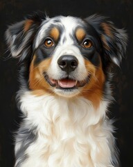 Fototapeta premium close-up portrait of a tricolor dog with fluffy white chest, wavy long fur and floppy ears against a dark background, calm and gentle mood