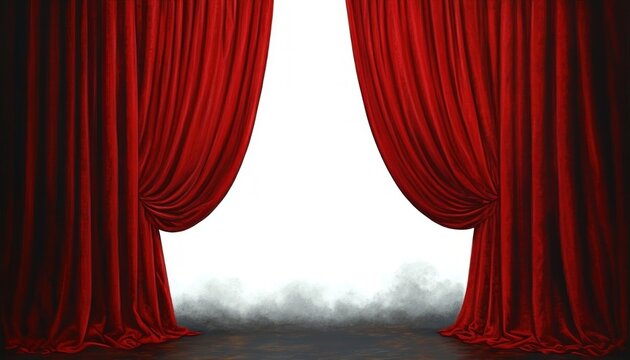 red velvet theater curtains parting to reveal a misty empty stage with wooden floor, evoking anticipation and dramatic mystery