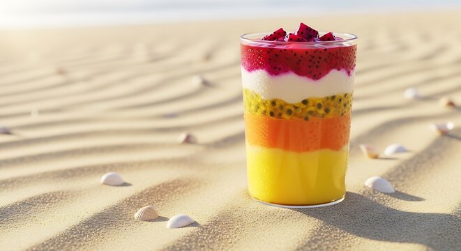 Minuman Es Tropis Segar Berlapis Buah dengan Pemandangan Pantai Pasir dan Lautan Cerah