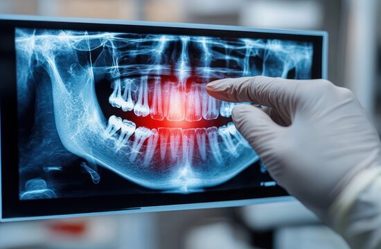 gloved hand pointing at red highlighted area on dental panoramic x-ray of jaw and teeth indicating pain and concern in front teeth
