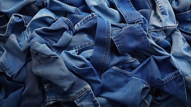 tangled pile of crumpled blue denim jeans and pockets conveying casual, worn and relaxed texture