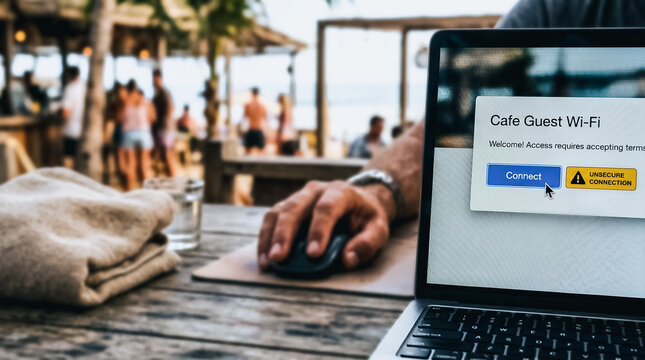 Cybersecurity Risk of Using Unsecure Public Wi-Fi at a Beach Cafe while Working Remotely
