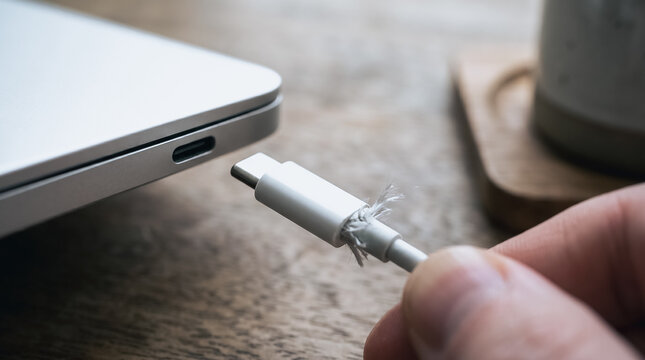 Frayed and Damaged USB-C Charging Cable with Broken Wire Held Near Laptop Port