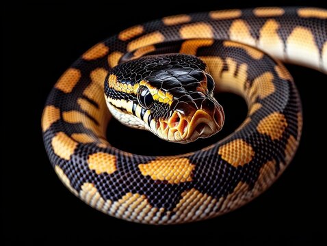coiled black and gold patterned python with glossy scales and intense alert stare on a dark background