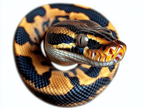 close-up of a coiled yellow and black ball python with glossy scales and an alert, curious gaze on a white background