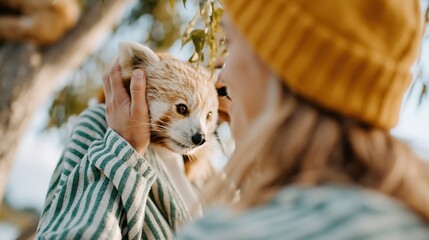 Fototapeta premium A serene moment captured as a person lovingly holds a pet fox, showcasing the beauty of human-animal relationships and the joy of companionship in natural surroundings.