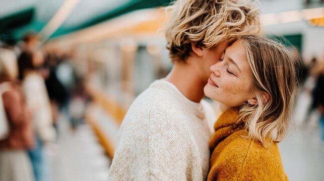 Two young lovers sharing an intimate moment amidst a bustling crowd, their connection evident in a serene hug, creating a contrast with the lively background.
