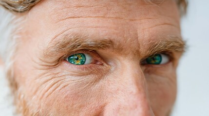An intense close-up of a man's eyes highlights their striking green color, revealing depth and character, symbolizing emotion, experience and unique beauty in human nature. © Pinklife