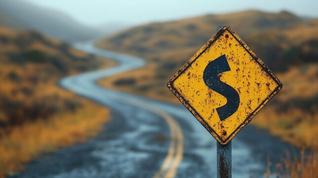 Rusty yellow s-shaped warning sign beside a wet winding road through golden rolling hills under moody overcast sky, evoking solitude and cautious anticipation