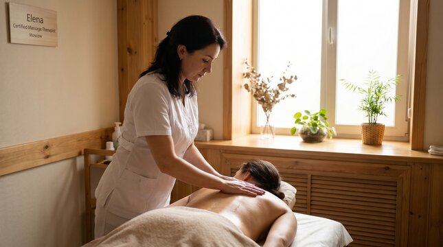 Massage therapist giving a relaxing massage to a woman on a spa bed