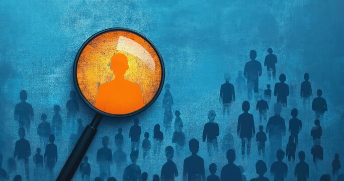 Magnifying glass highlighting an orange silhouette among a crowd of blue human silhouettes on a textured blue background, evoking scrutiny, selection and isolation