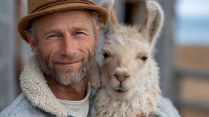 Fototapeta premium A joyful man holds a fluffy llama against a rustic backdrop, showcasing a warm connection between humans and animals, emphasizing the beauty of rural life and companionship.