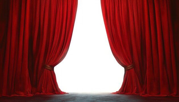 red velvet theater curtains parted revealing bright white light on an empty stage, evoking anticipation and theatrical drama