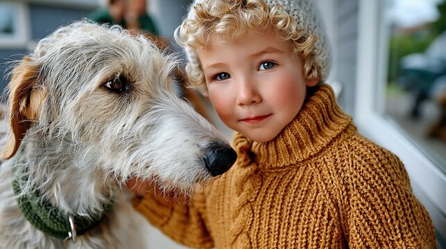 A delightful moment captured of a young boy with curly hair, affectionately posing with his dog, showcasing pure happiness and the unbreakable bond between a child and his pet.
