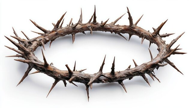 circular wreath of dry thorny branches with long sharp spikes on white background, austere and painful mood