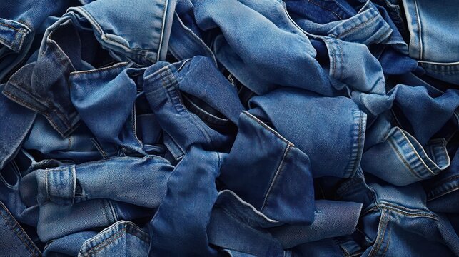 crumpled pile of blue denim jeans in varied shades conveying casual rugged comfort
