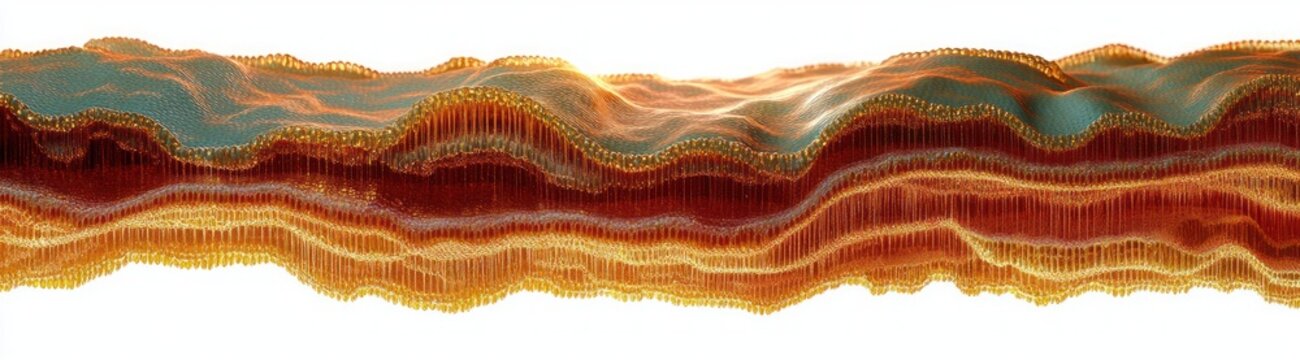 Undulating metallic layered waves with gold filaments in teal and rust tones, shimmering and mesmerizing