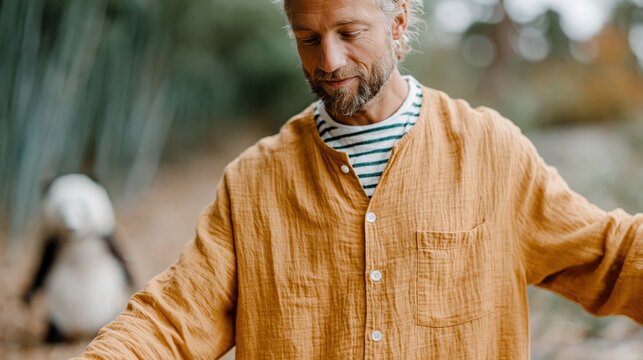 A man wearing an orange button-up shirt stands in nature, embracing the beauty around him, showcasing a moment of contemplation and a connection with the environment.